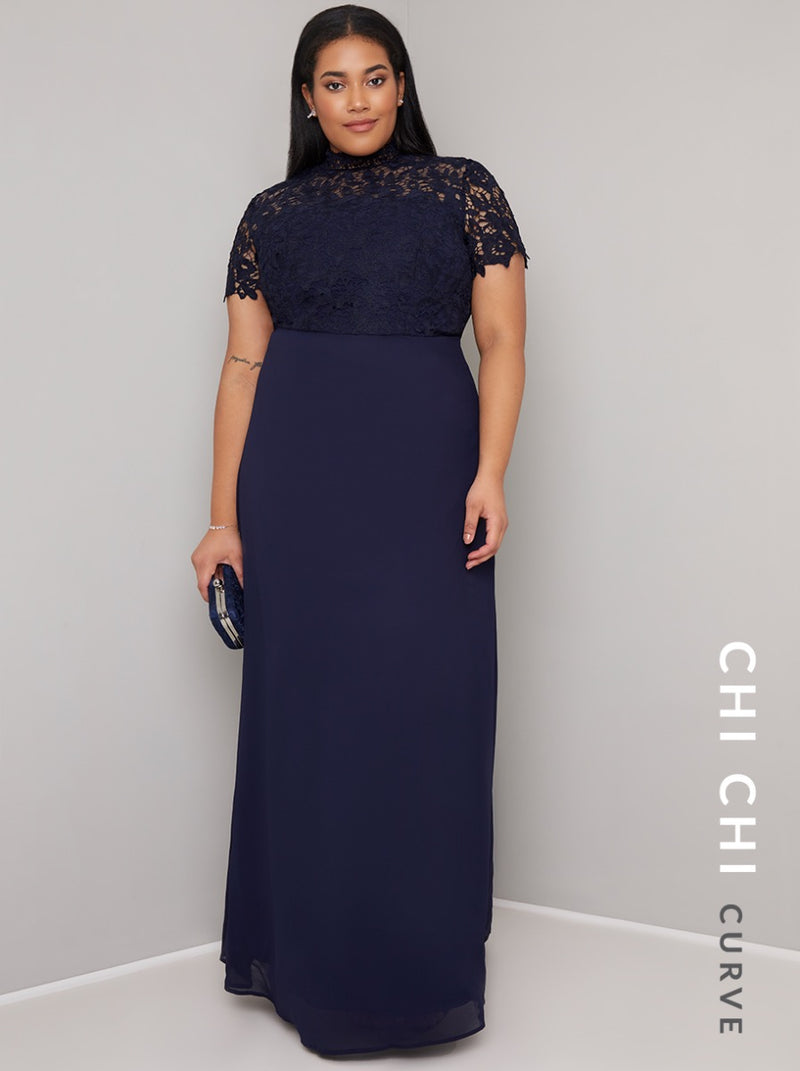 Plus Size High Neck Lace Maxi Dress in Blue