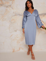 Petite Satin Bridesmaid Midi Dress With Long Sleeve In Blue