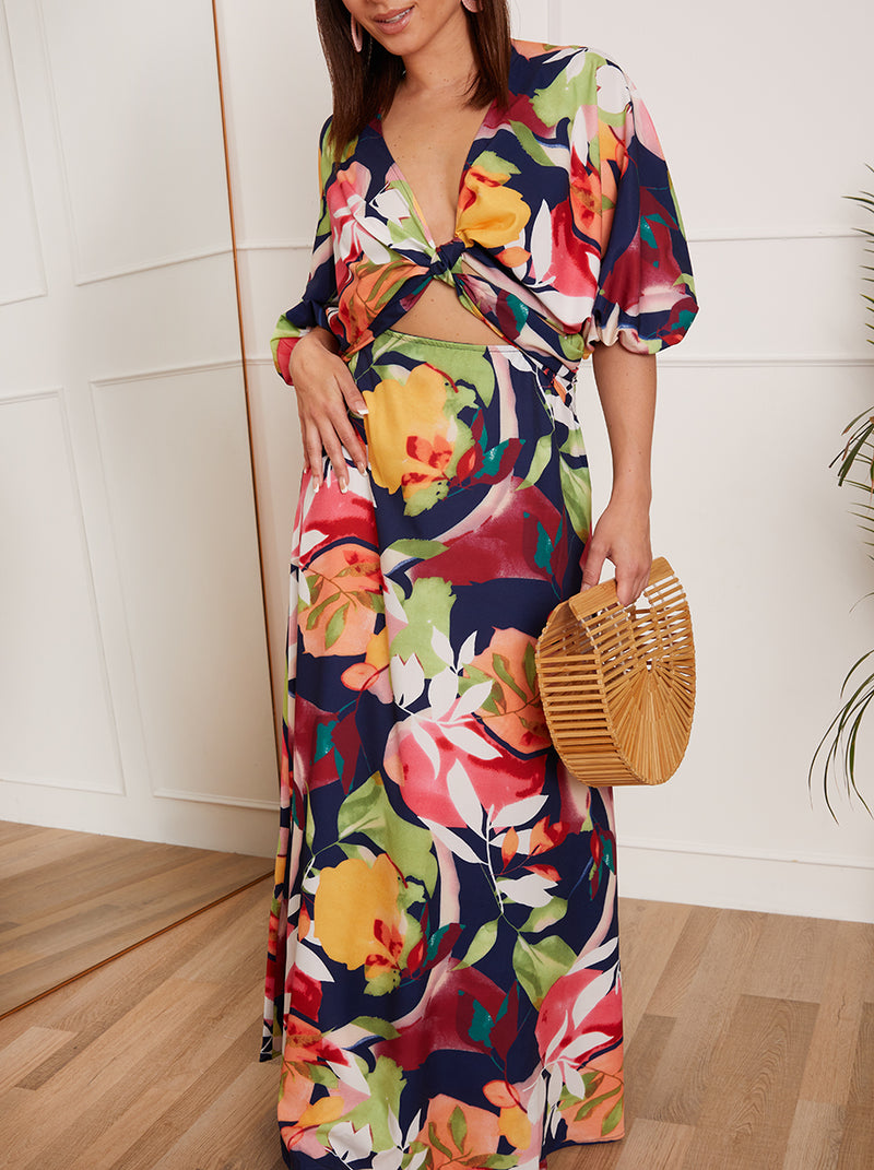 Petite Cut-Out Floral Print Maxi Dress in Navy