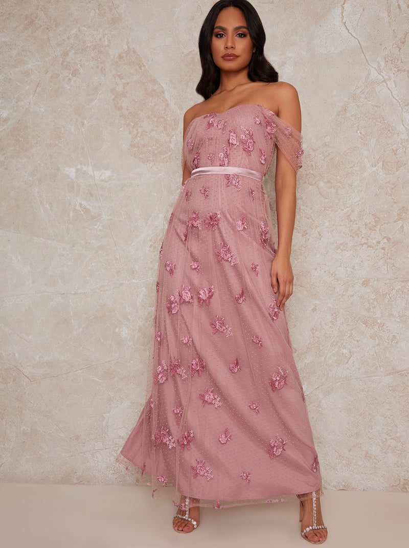 Lace Bardot Maxi Dress in Pink