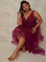 Plus Size Embroidered Mesh Dip Hem Midi Dress in Berry