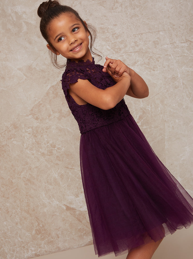 Girls Lace Bodice Cut Out Flower Girl Dress in Berry