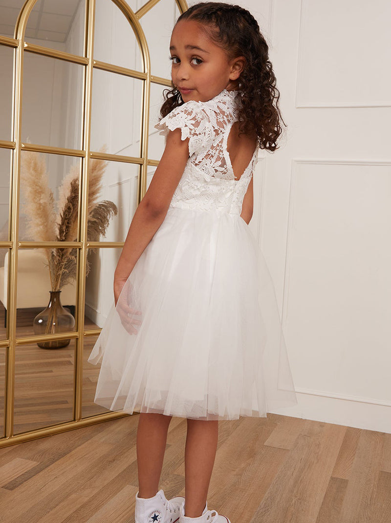 Younger Girls Lace Bodice Tulle Flower girl Dress in White