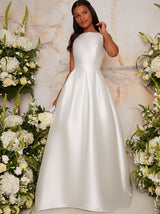 Sleeveless Structured Satin Wedding Dress with Train in White