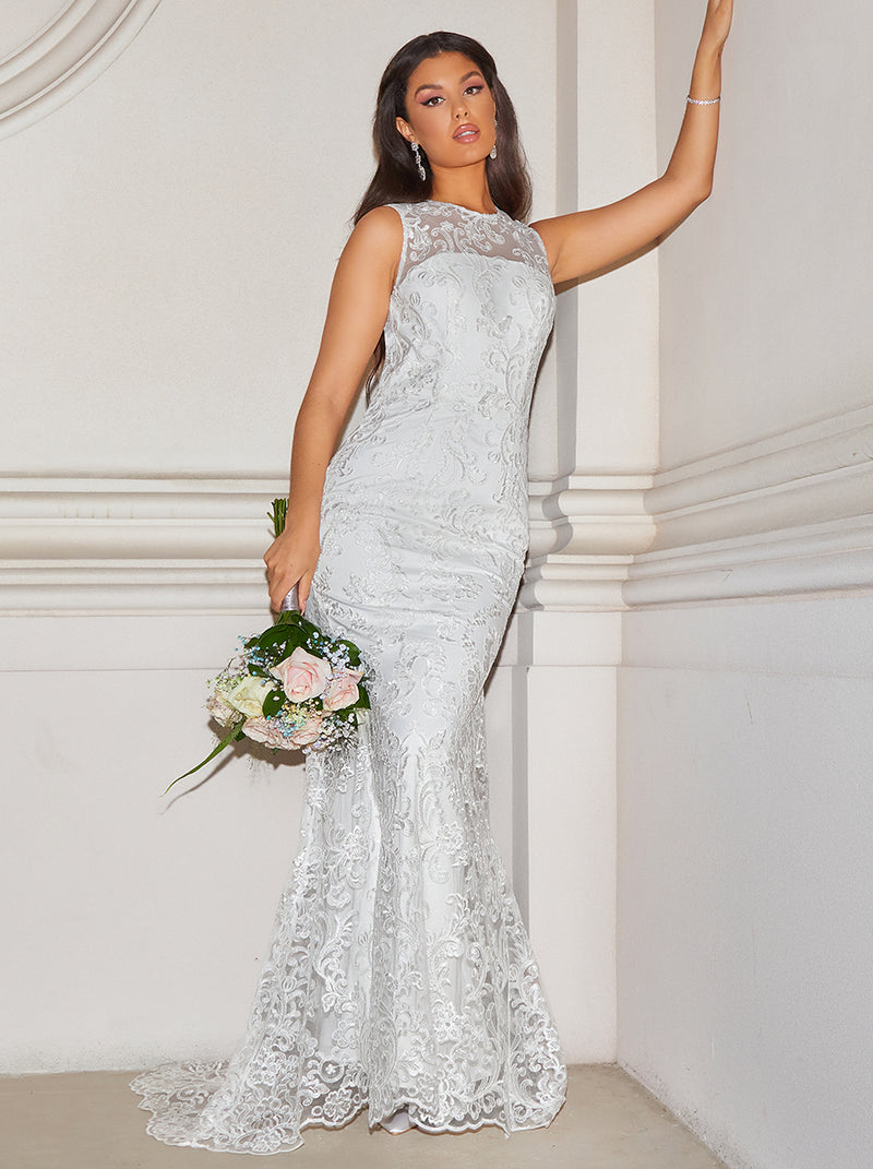 Sleeveless Premium Lace Wedding Dress in White