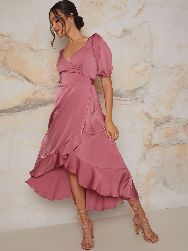 Puff Sleeve Ruffle Detail Midi Dress in Pink