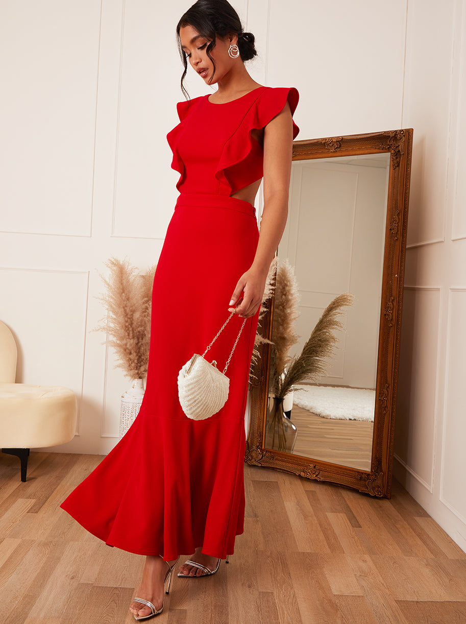 tage medicin Afspejling Passiv Ruffle Sleeve Cut Out Back Maxi Dress in Red – Chi Chi London