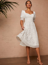 Sweetheart Puff Sleeve Embroidered Midi Dress in White
