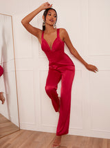 Corset Style Wide Leg Satin Jumpsuit in Pink
