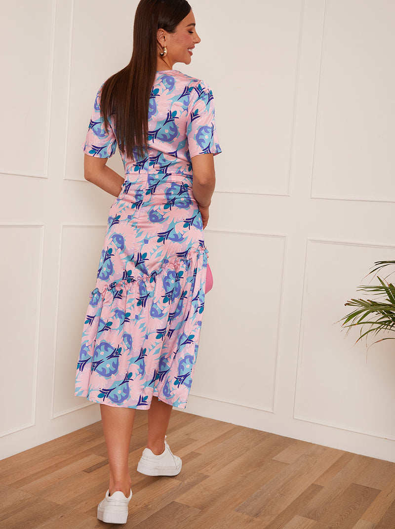 V Neck Abstract Print Midi Dress in Pink