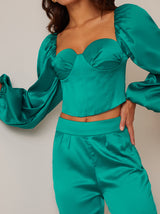 Long Sleeve Corset Style Top in Green