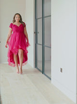 Plus Size Bardot Premium Lace Dip Hem Dress in Red