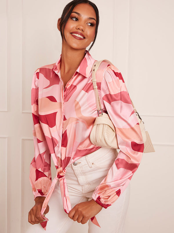 Long Sleeve Tie Front Abstract Shirt in Pink