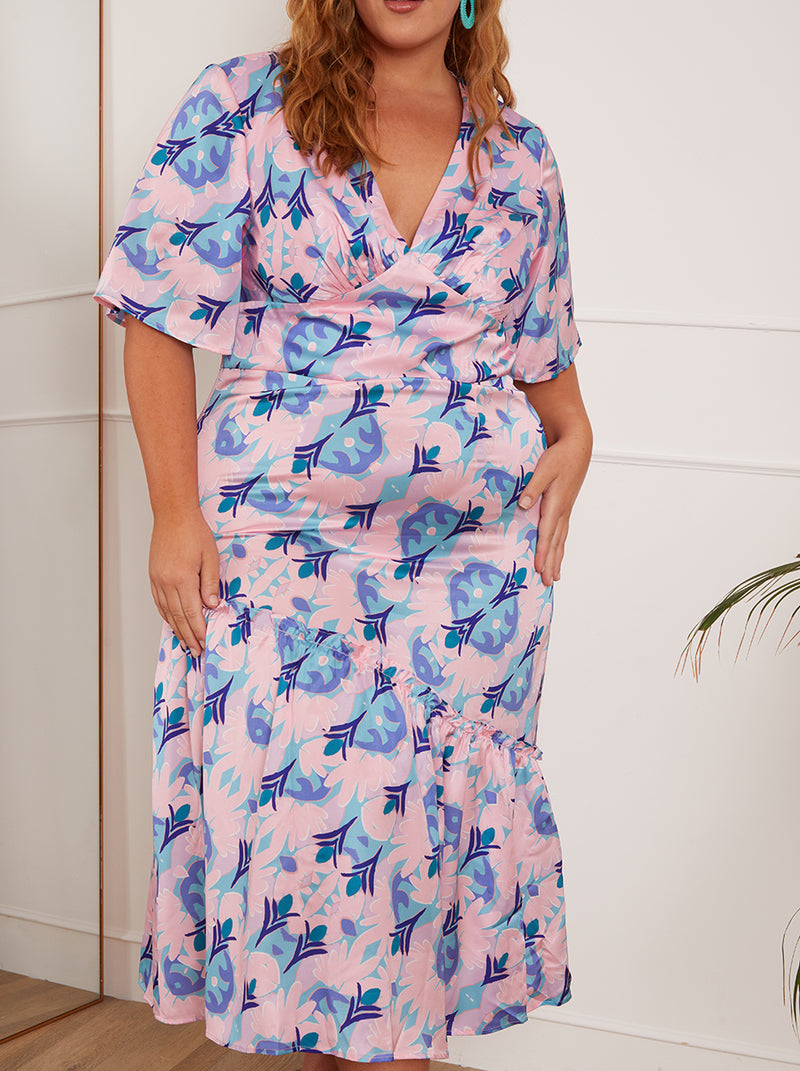 Plus Size V Neck Abstract Print Midi Dress in Pink