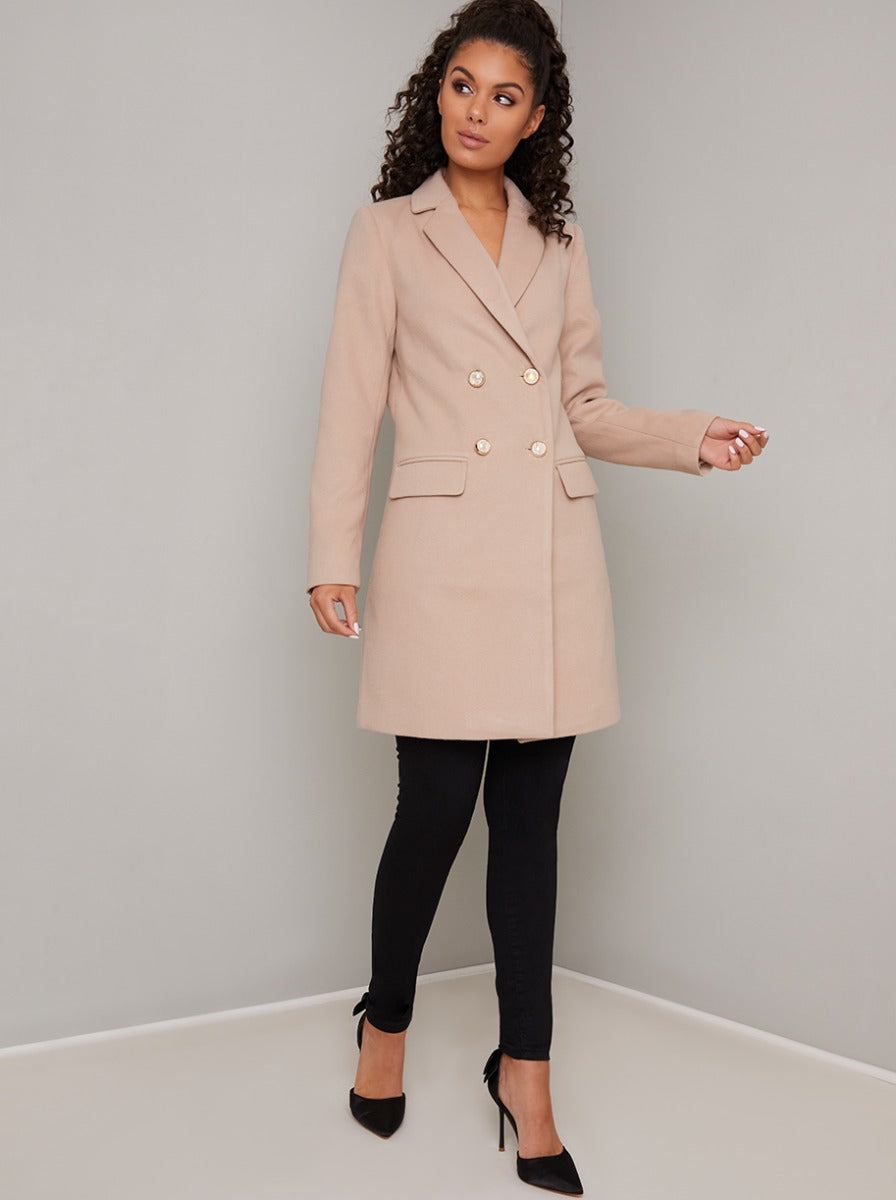 Pearl Button Double Breasted Tailored Coat in Nude – Chi Chi London