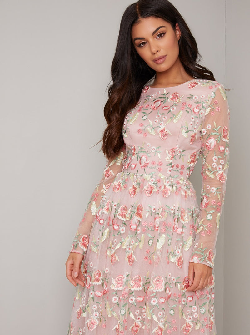 Long Sleeved Floral Embroidered Maxi Dress in Pink