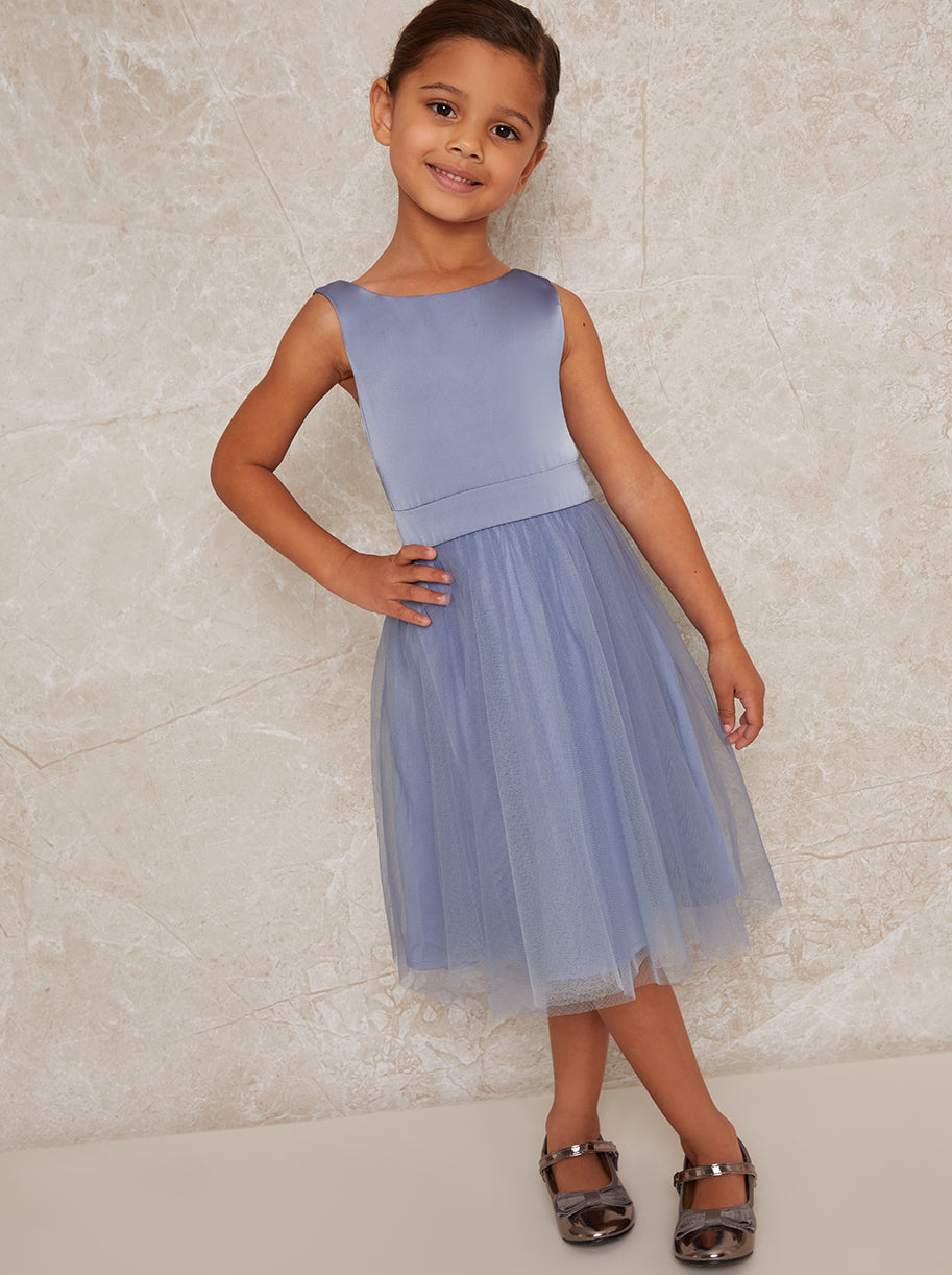 Younger Girls Satin Bodice Tulle Midi Dress In Blue | Chi Chi London UK Younger Girls Satin Bodice Tulle Midi Dress In Blue | Chi Chi London UK