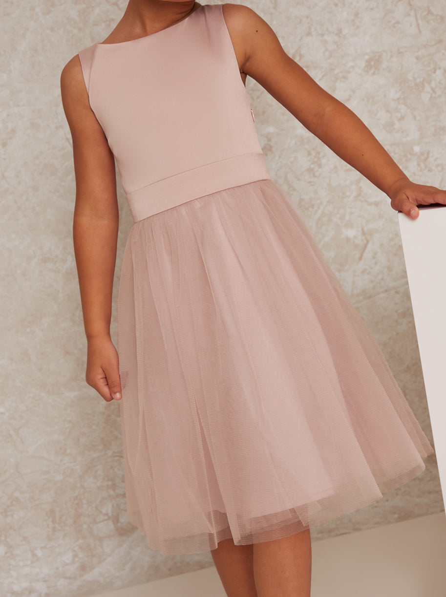 Younger Girls Bow Detail Tulle Dress in Pink