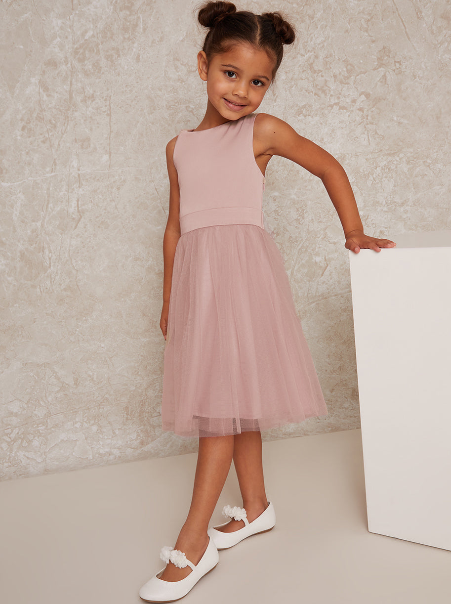 Younger Girls Bow Detail Tulle Dress in Pink