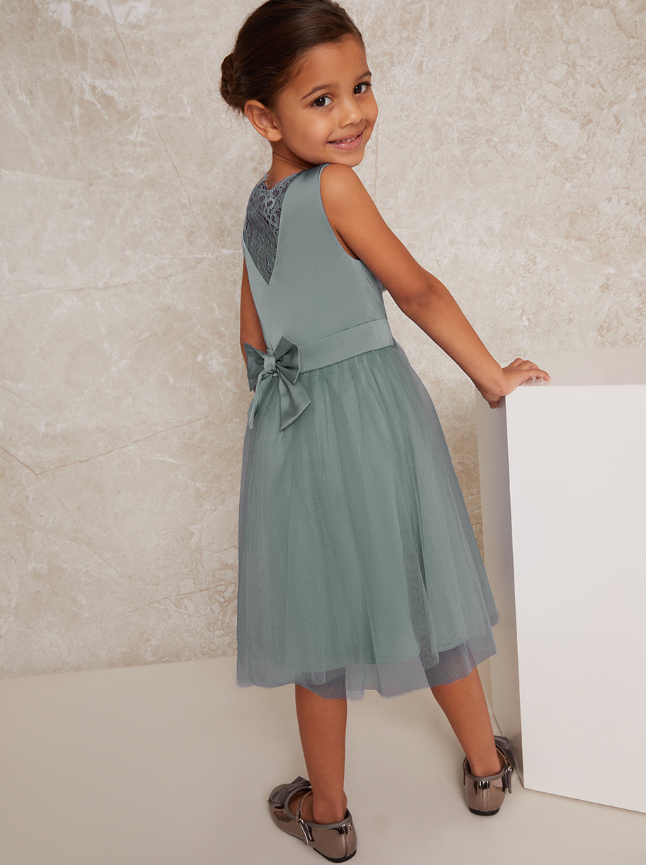 Girls Satin Bodice Tulle Skirt Dress in Green