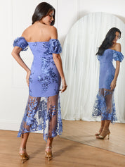 Peplum Embroidered Bodycon Dress in Blue