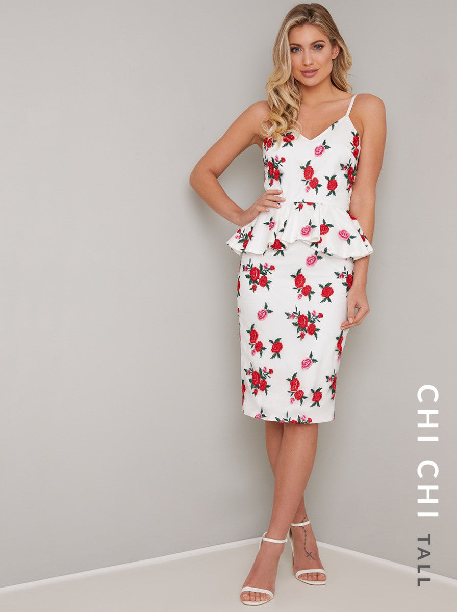 Tall Embroidered Bodycon Peplum Dress in White