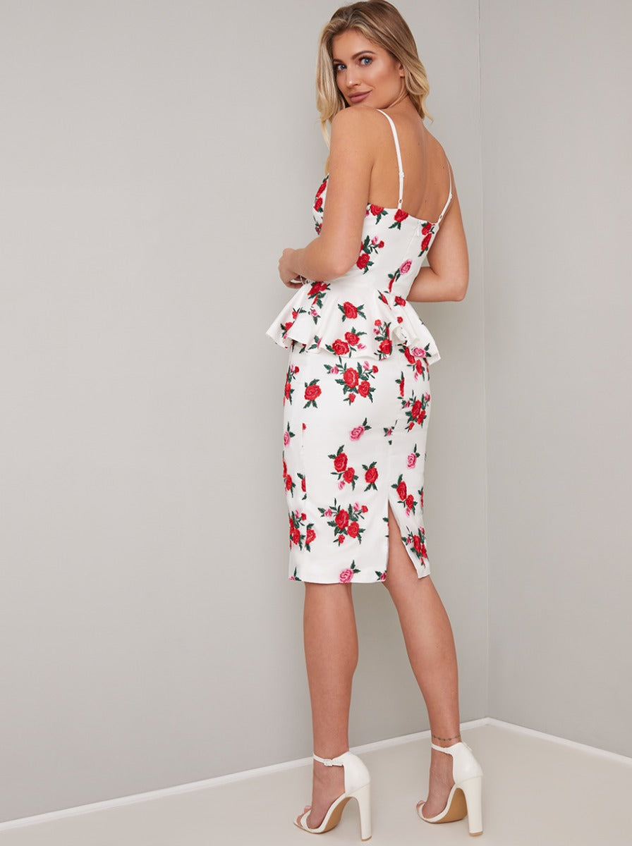 Tall Embroidered Bodycon Peplum Dress in White