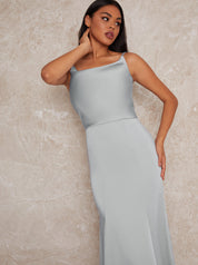 Cowl Neck Satin Slip Maxi Dress in Blue