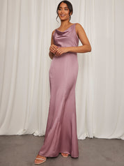 Cowl Neck Satin Slip Maxi Dress in Lilac