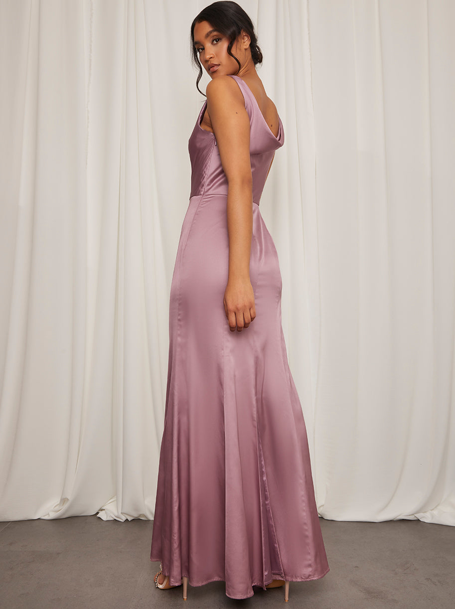 Cowl Neck Satin Slip Maxi Dress in Lilac