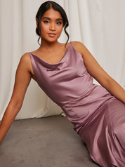 Cowl Neck Satin Slip Maxi Dress in Lilac