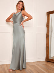 Cowl Neck Satin Slip Maxi Dress in Grey