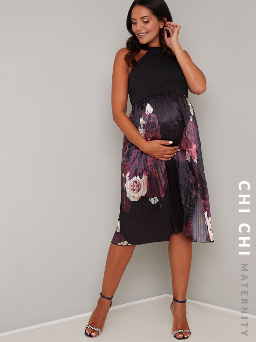 Maternity Halter Neck Pleat Midi Dress in Black