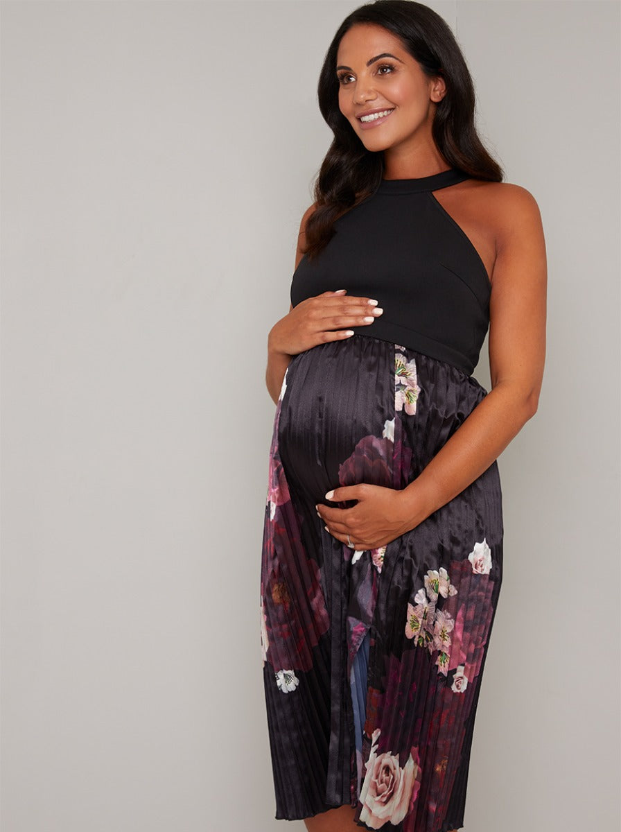Maternity Halter Neck Pleat Midi Dress in Black