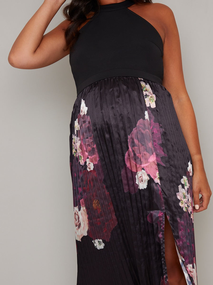 Maternity Halter Neck Pleat Midi Dress in Black