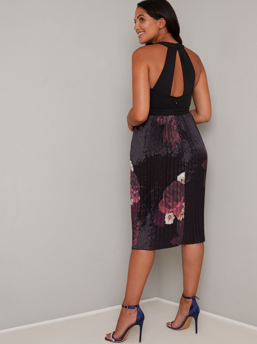 Maternity Halter Neck Pleat Midi Dress in Black