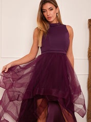 Dip Hem High Neck Dress with Tulle Skirt in Purple