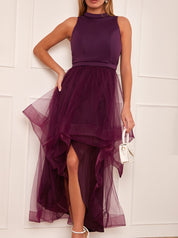 Dip Hem High Neck Dress with Tulle Skirt in Purple