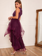 Dip Hem High Neck Dress with Tulle Skirt in Purple