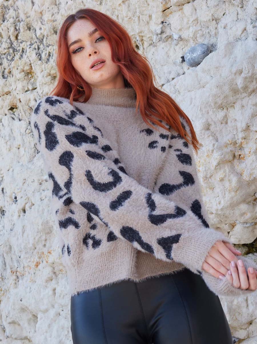 High Neck Animal Print Jumper in Cream