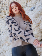 High Neck Animal Print Jumper in Cream
