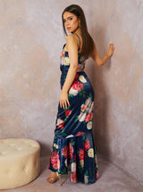 Sleeveless Floral Print Ruffle Hem Midi Dress in Navy
