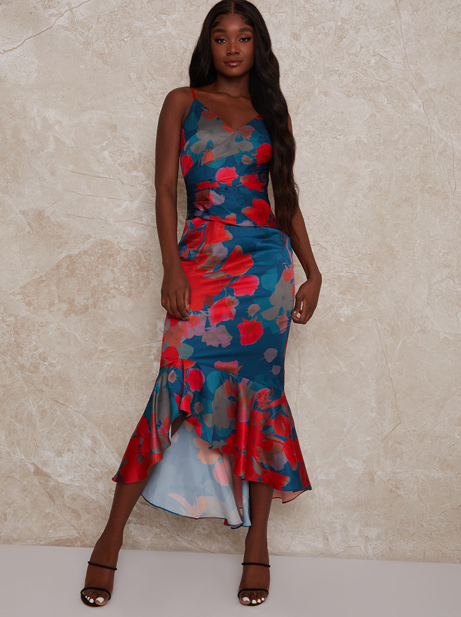 Sleeveless Floral Print Midi Dress in Navy