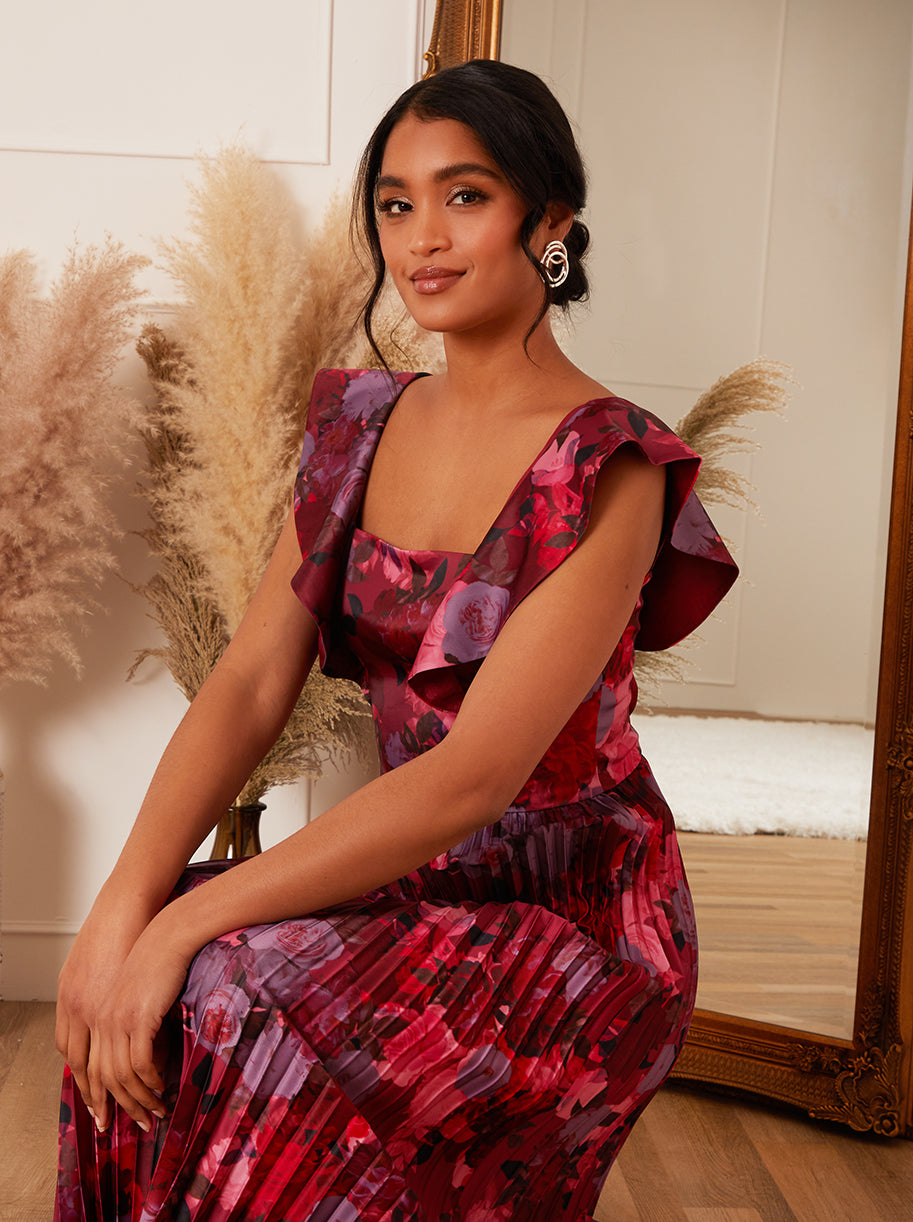 Floral Print Ruffle Pleated Midi Dress in Burgundy | Chi Chi London UK Floral Print Ruffle Pleated Midi Dress in Burgundy | Chi Chi London UK