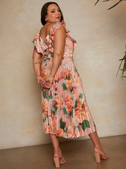 Plus Size Floral Print Ruffle Pleated Midi Dress in Pink