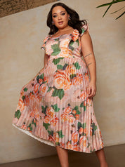 Plus Size Floral Print Ruffle Pleated Midi Dress in Pink