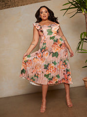 Plus Size Floral Print Ruffle Pleated Midi Dress in Pink