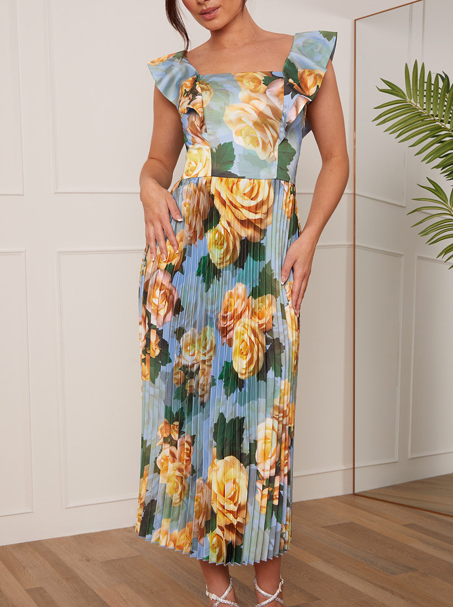Petite Floral Print Ruffle Pleated Midi Dress in Blue
