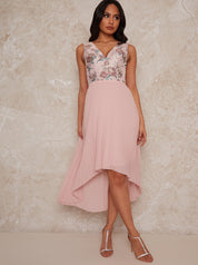 Sleeveless Floral Jacquard Dip Hem Midi Dress in Pink