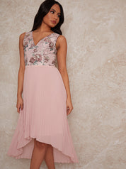 Sleeveless Floral Jacquard Dip Hem Midi Dress in Pink